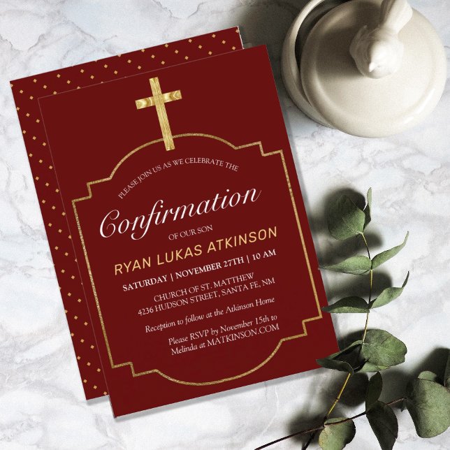 Invitation Confirmation de la Croix d'or simple de Bourgogne  (MODERN BURGUNDY SIMPLE GOLD CROSS CONFIRMATION INVITATION)