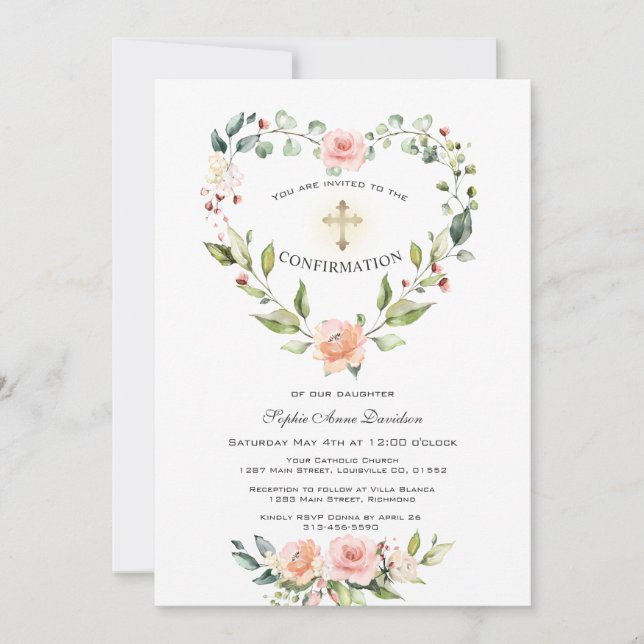 Invitation Confirmation de la croix du cadre cardiaque flou (Devant)