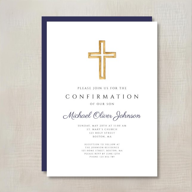 Invitation Confirmation de la Croix Religieuse Bleue Marine (Navy Blue Religious Cross Boy Confirmation Invitation)