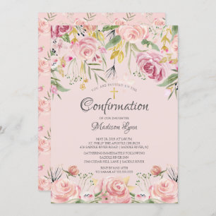 Invitation Confirmation de la croix rose florale et or