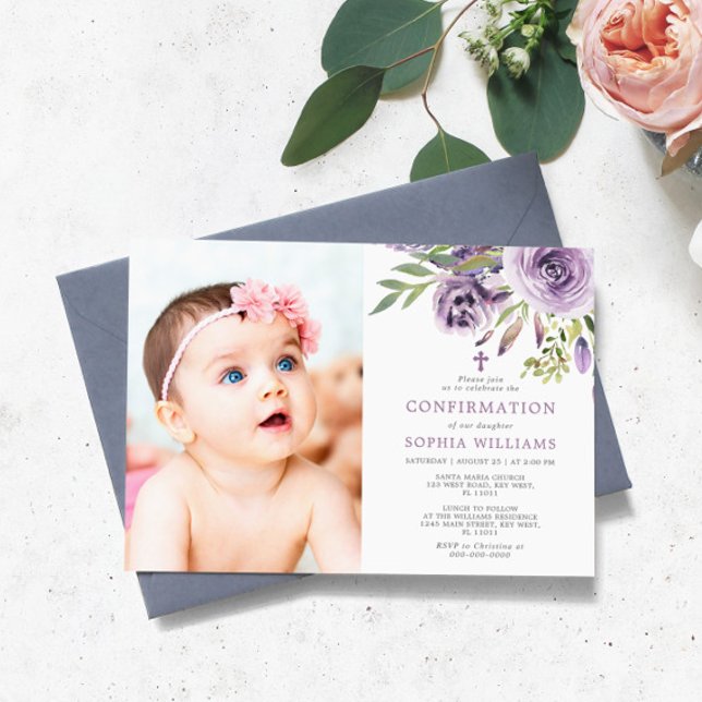 Invitation Confirmation de la fille photo florale Rose violet (Créateur téléchargé)