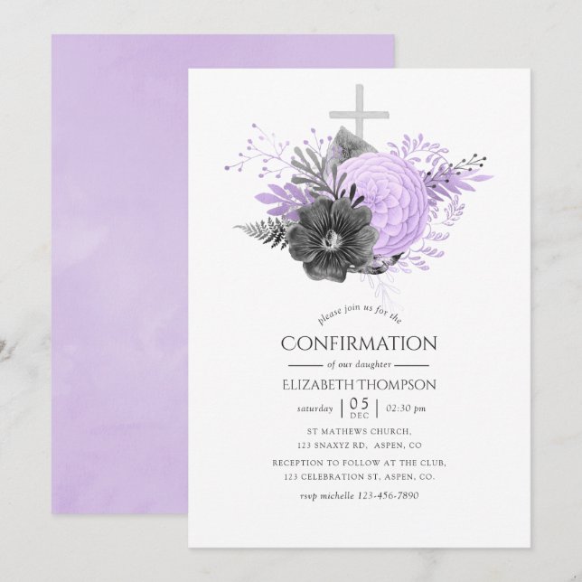 Invitation Confirmation de la florale de Lilac et de Charbon (Devant / Derrière)