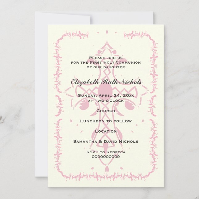 Invitation Confirmation de la première communion rose (Devant)
