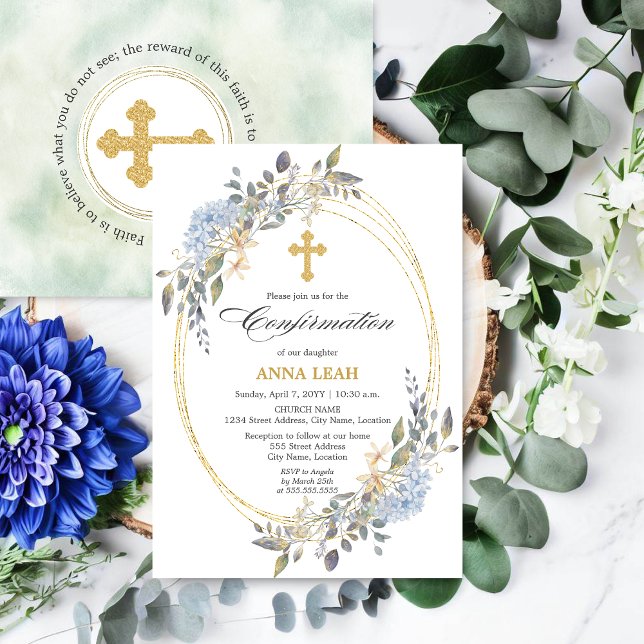 Invitation Confirmation de l'élégante croix d'or florale (Beautiful watercolor floral and gold frame religious event invitation front and back view.)