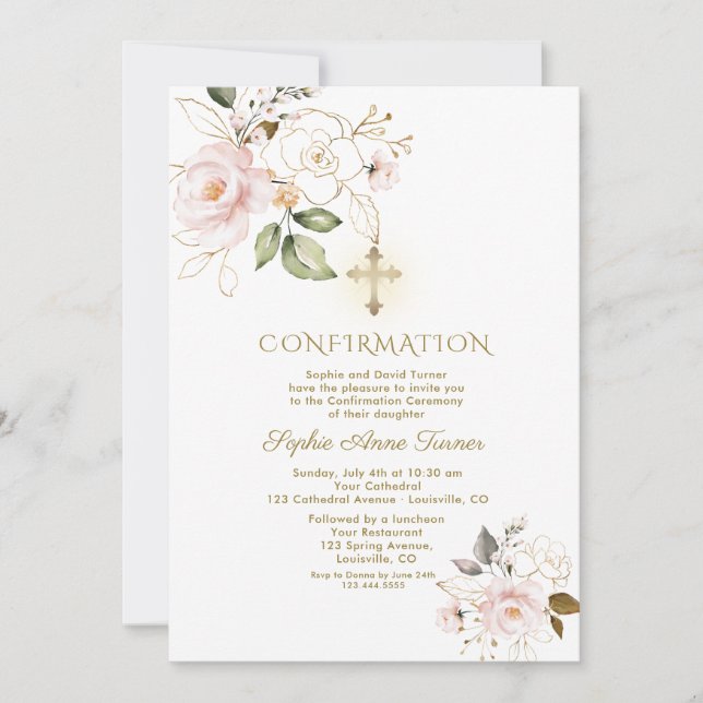 Invitation Confirmation de luxe rose or floral fille (Devant)