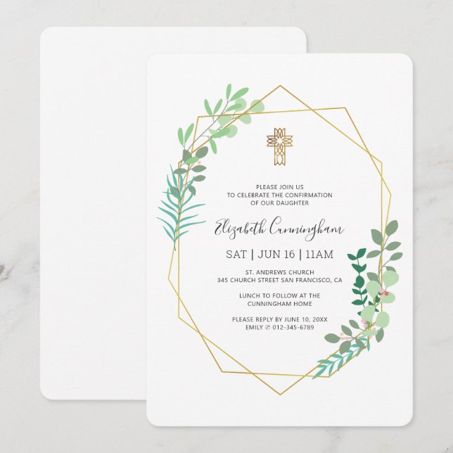 Invitation Confirmation De Sa Croix Géométrique D'Or De Folia (Devant / Derrière)