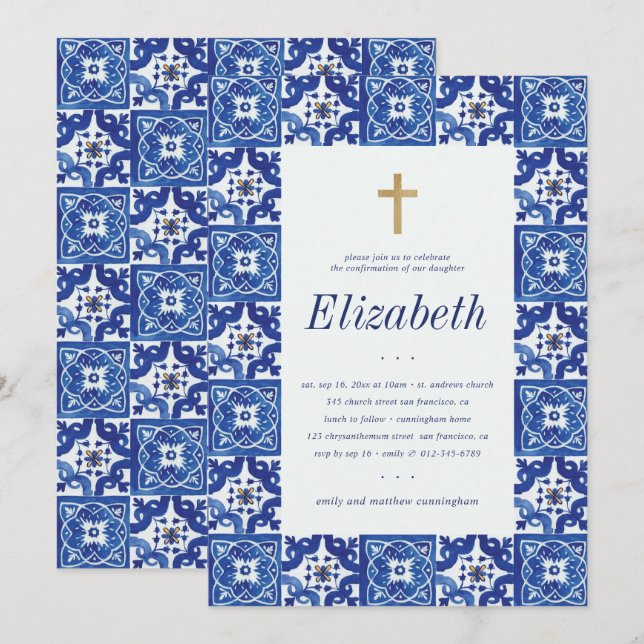 Invitation Confirmation De Ses Carreaux Bleus Méditerranéens (Devant / Derrière)