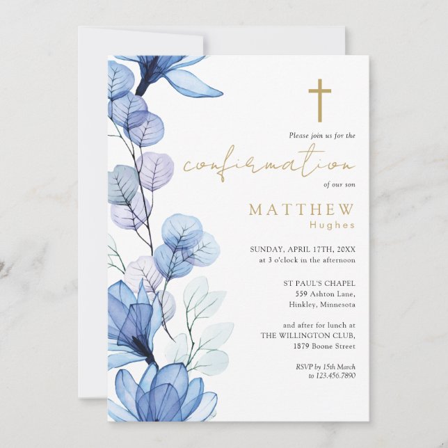 Invitation Confirmation d'or floral transparent bleu Dusty (Devant)