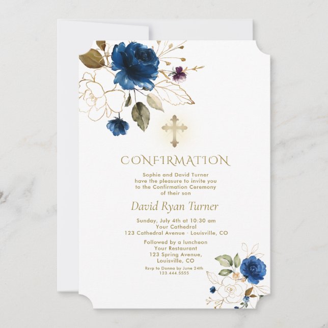 Invitation Confirmation du garçon de luxe Blue Gold Floral (Devant)