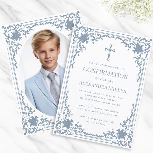 Invitation Confirmation Dusty Blue Boy Photo Elegant Vintage