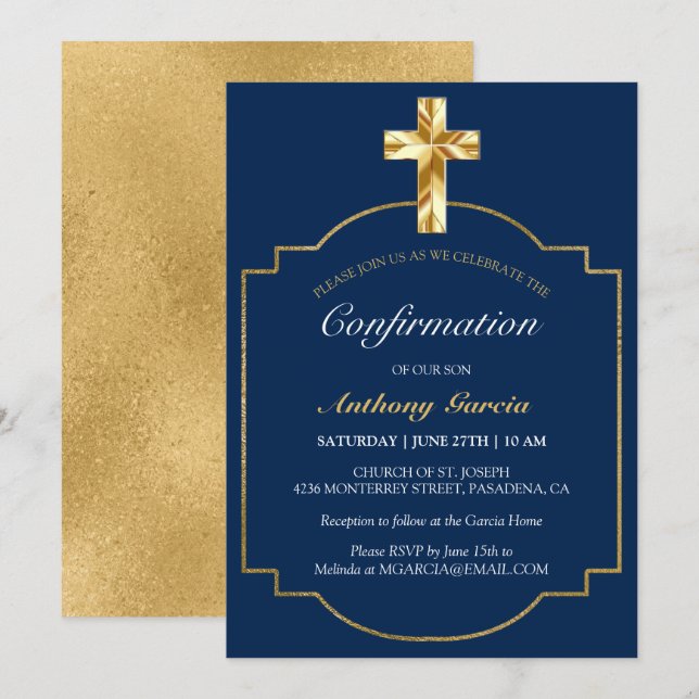 Invitation Confirmation Elegant Navy Gold Boys (Devant / Derrière)