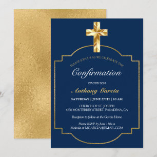 Invitation Confirmation Elegant Navy Gold Boys