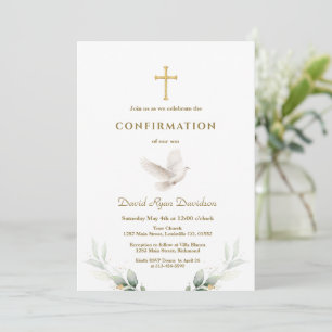 Invitation Confirmation élégante Croix dorée Colombe Sage Ver