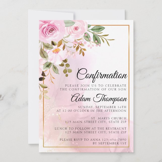 Invitation Confirmation en or et en Rose marbre rose (Devant)