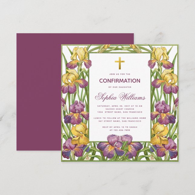 Invitation Confirmation Fille Iris Purple Croix Jaune Floral (Devant / Derrière)