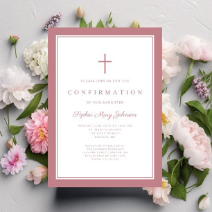 Invitation Confirmation Fille Moderne Rose Poussiéreuse Croix