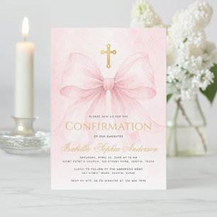 Invitation Confirmation Fille Ruban Rose Croix Dorée Fausse É