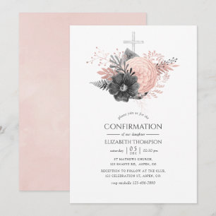Invitation Confirmation Fleurie Rose Pâle et Charbon de Bois