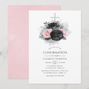 Invitation Confirmation Fleurs Roses Vintage Noir et Argent