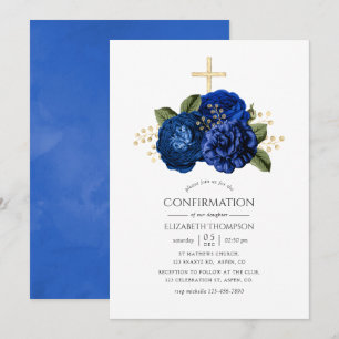 Invitation Confirmation florale bleu royal et or