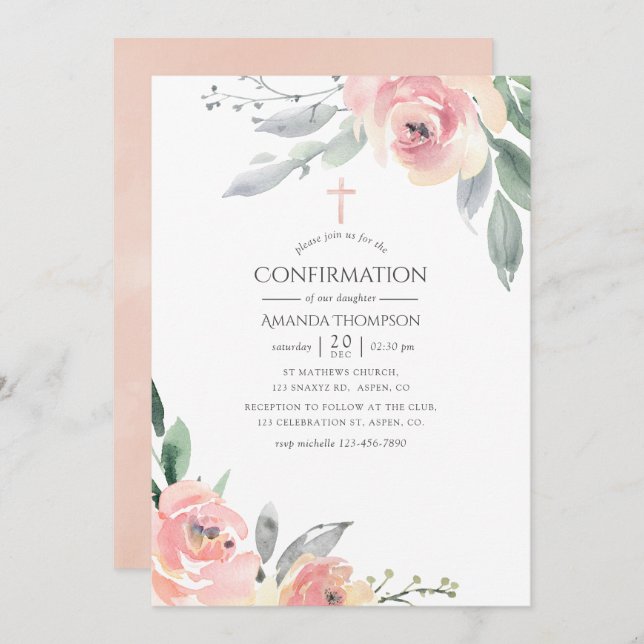 Invitation Confirmation florale Pastel Blush Rose (Devant / Derrière)