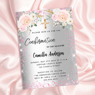 Invitation Confirmation florale rose argent fille luxe