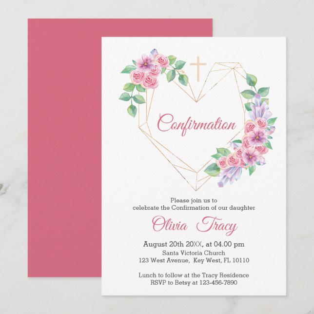 Invitation Confirmation florale rose rousse au coeur d'or (Devant / Derrière)