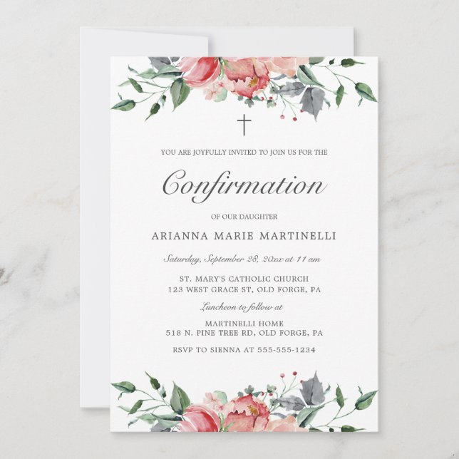 Invitation Confirmation florale rose simple et élégante pour  (Devant)