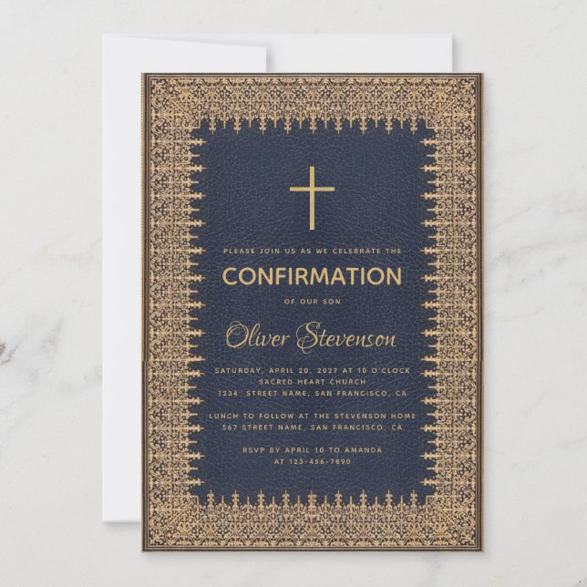 Invitation Confirmation Garçon Croix Vintage  bleue (Devant)