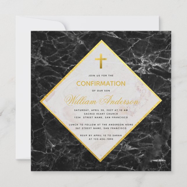 Invitation Confirmation Garçon Marbre noir blanc Faux Gold Fo (Devant)