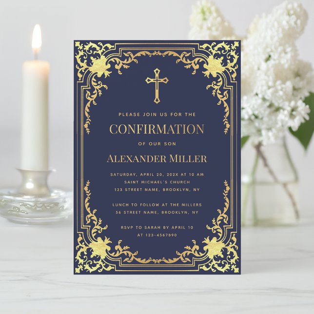 Invitation Confirmation Garçon Marine Blue Faux Gold Cross Vi (Créateur téléchargé)