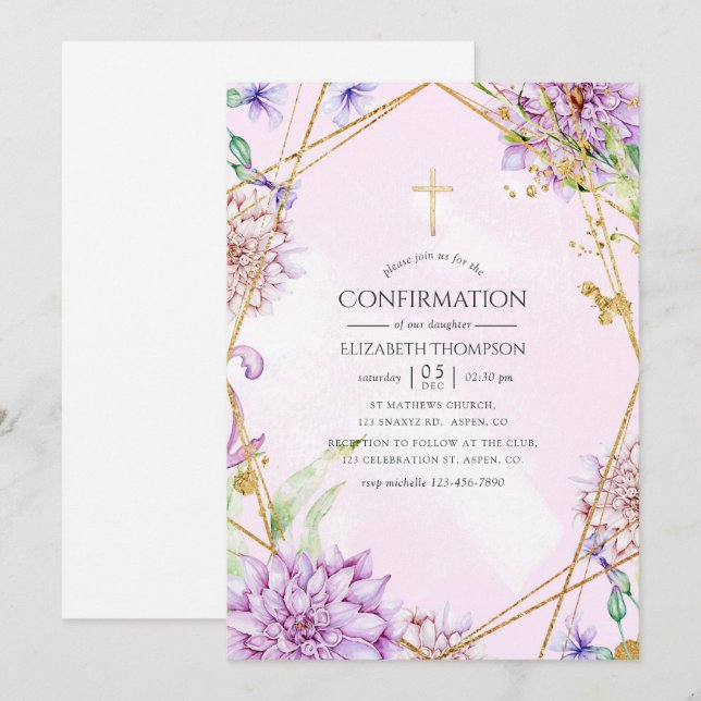 Invitation Confirmation géométrique florale violet et or (Devant / Derrière)