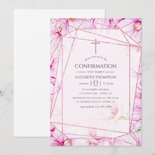 Invitation Confirmation géométrique rose de Magnolia d'or et  (Devant / Derrière)
