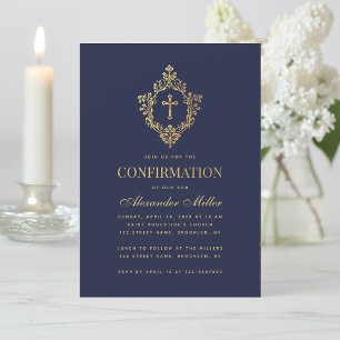Invitation Confirmation Marine Bleu Élégant Faux Gold Crest B