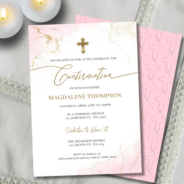 Invitation Confirmation moderne Christian Pink Gold Cross Gir (Créateur téléchargé)