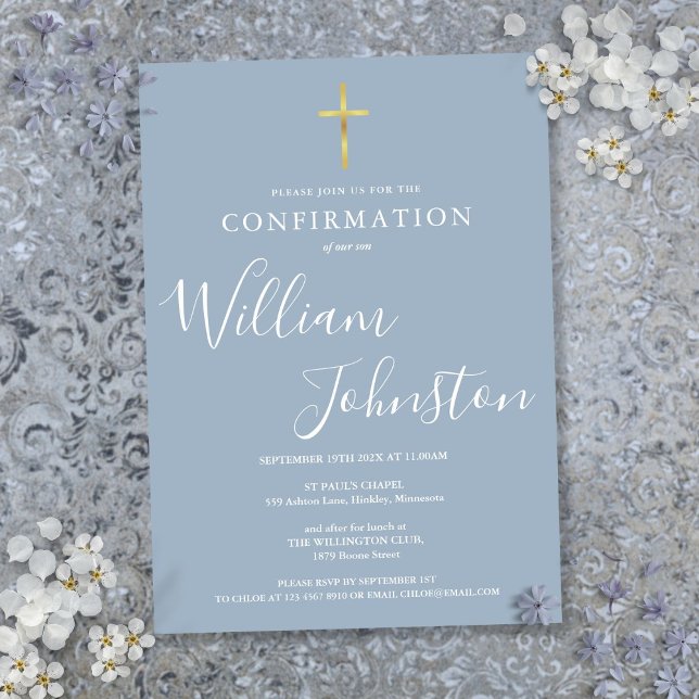 Invitation Confirmation moderne Elegant Gold Cross Dusty Blue (Modern Elegant Gold Cross Dusty Blue Confirmation Invitation)