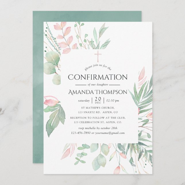Invitation Confirmation Pastel Blush Greenery (Devant / Derrière)