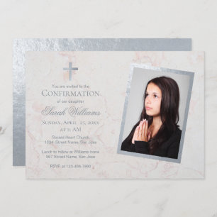 Invitation Confirmation Photo Faux Marbre blanc Argent Script