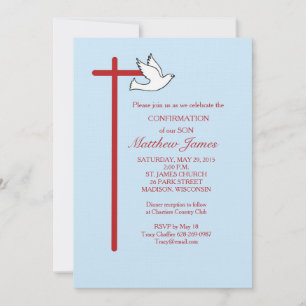 Invitation Confirmation pour fils avec croix et colombe bleue