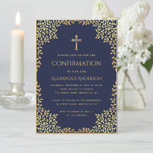 Invitation Confirmation Religieuse Bleu Marine Feuilles Dorée