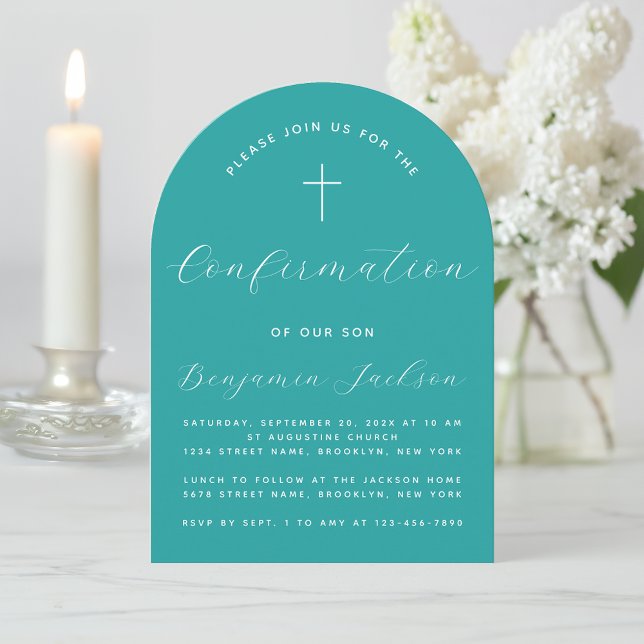 Invitation Confirmation Teal Arch Simple Modern Script Croix (Créateur téléchargé)