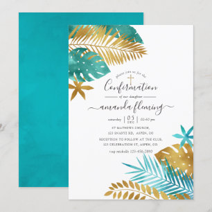 Invitation Confirmation Tropicale Bleu Vert et Or