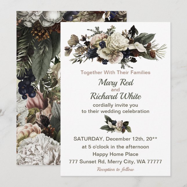 Invitation Conifer d'hiver Floral Calla Lily Peony Mariage (Devant / Derrière)