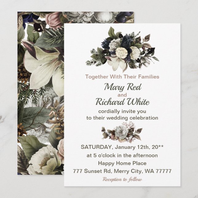 Invitation Conifer Floral Magnolia Peony Rose Mariage (Devant / Derrière)
