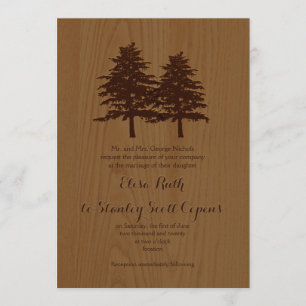 Invitation Conifères sur bois brun mariage