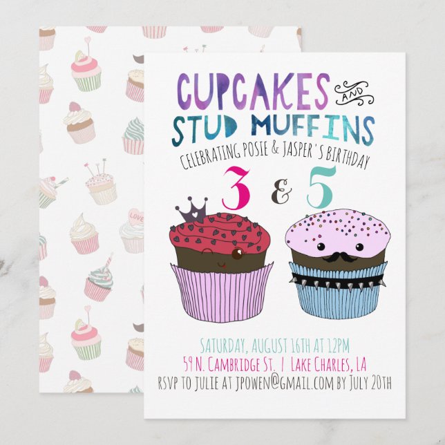 Invitation conjointe de fête pour Cupcake et Stud  (Devant / Derrière)
