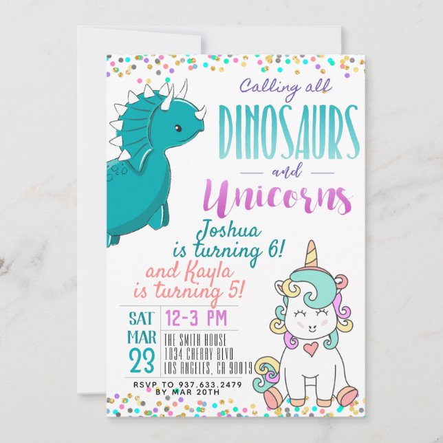 Invitation conjointe Unicorn Dinosaur (Devant)
