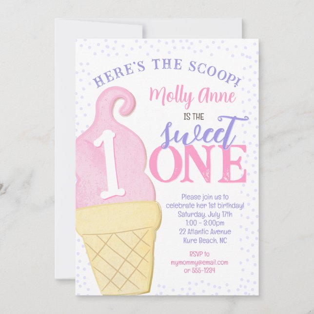 Invitation Conne de glace rose Pois 1er anniversaire fille (Devant)