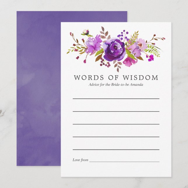 Invitation Conseils de Fête des mariées d'aquarelle violet et (Devant / Derrière)