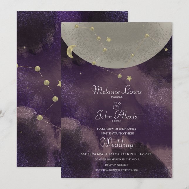 Invitation Constellation de lune Mariage céleste violet or (Devant / Derrière)